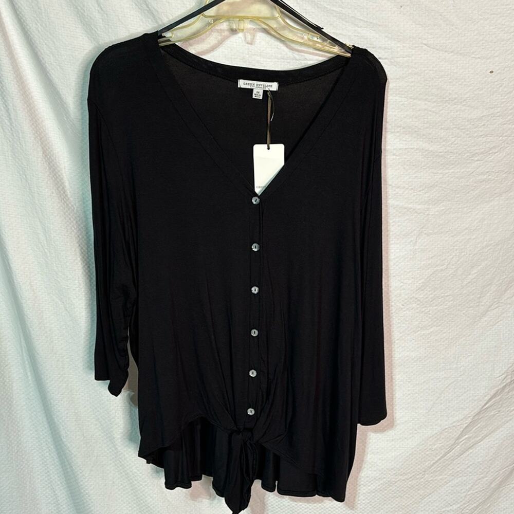 Green Envelope 2x black button down soft tied waistline hi low hemline nwt